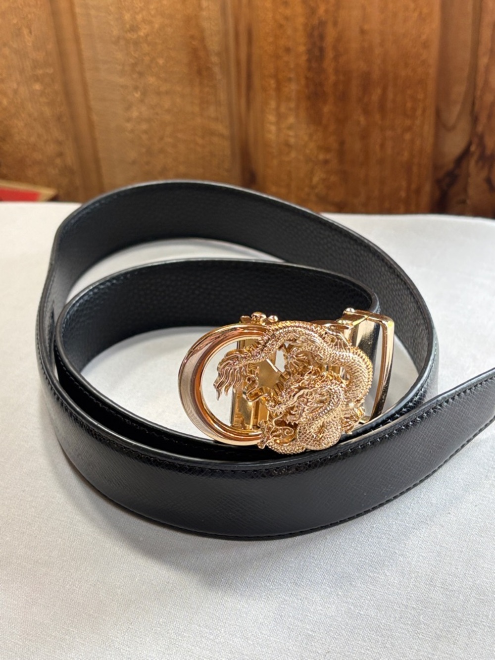 Black Leather Belt with Gold Dragon Buckle Adjustable Length Ratchet, Barry Wang